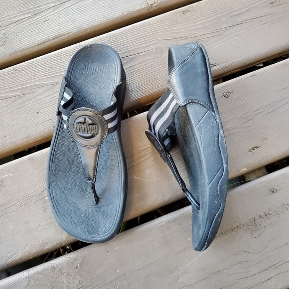 FitFlop Walkstar Black Leather Nylon Flip Flop Toe-Post Wedge Platform Sandals 9 - Picture 2 of 9